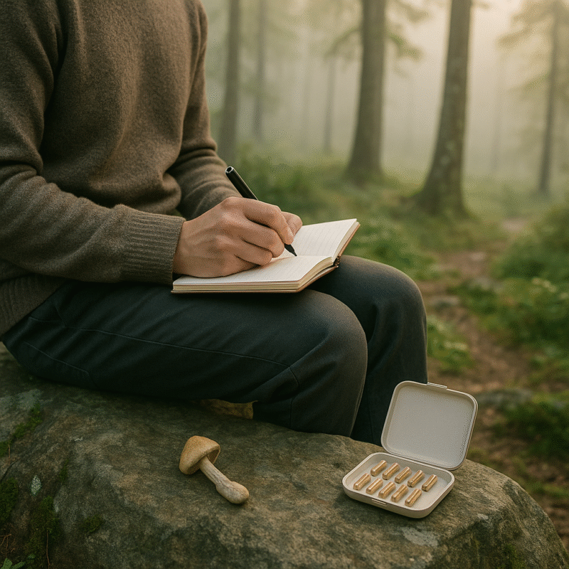 Person journaling while microdosing mushrooms